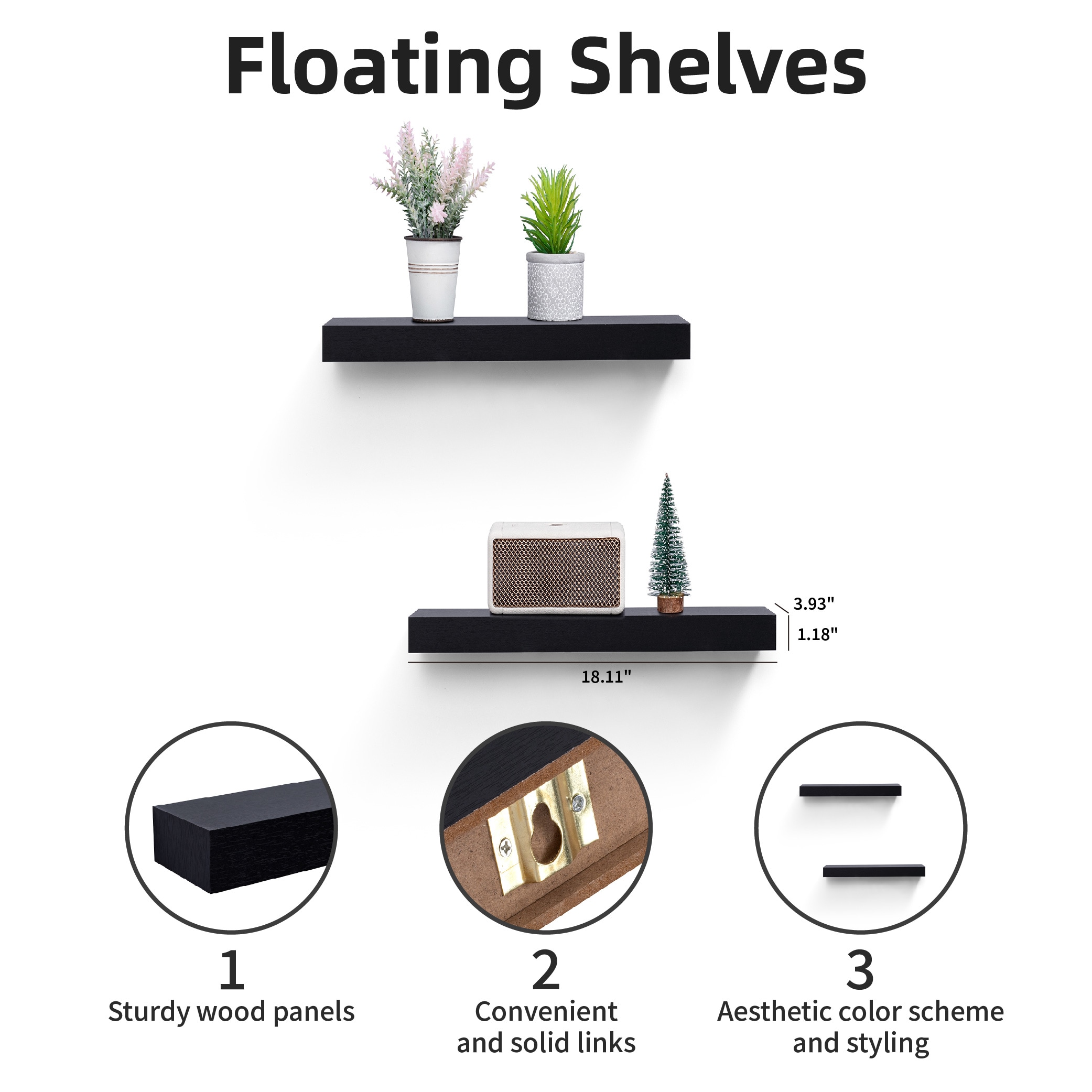Floating Shelves 15.75" Wall Mounted Wood Shelves For Bathroom, Bedroom, Living Room, Kitchen, Hanging Shelf For Books/Storage/Decor With Invisible Brackets, Built-in LED Lighting, Black_voghion.com